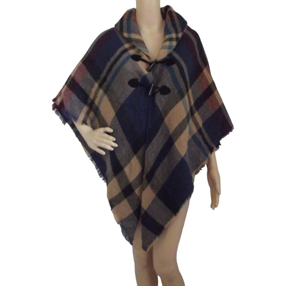 Blanket Poncho One Size OS Autumn Fall Plaid Poncho soft toggle wrap blue camel